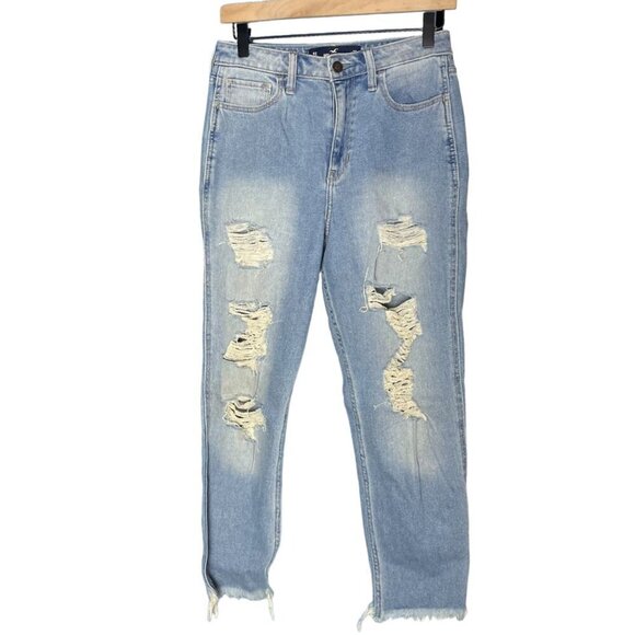 Hollister Women 27x25 Ultra High Rise Mom Jean Light Wash Super Distressed Denim - Picture 1 of 7